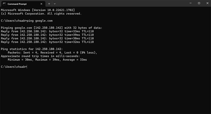 a screenshot from the Windows command prompt terminal of data latency testing